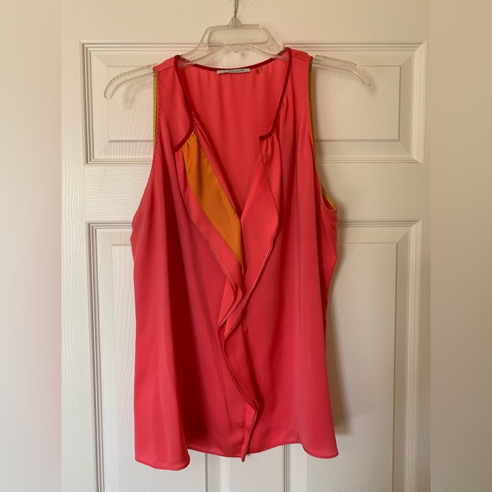 T Tahari Plunging V-Neck Ruffled Pink‎ and Gold Tank Top, Size Large